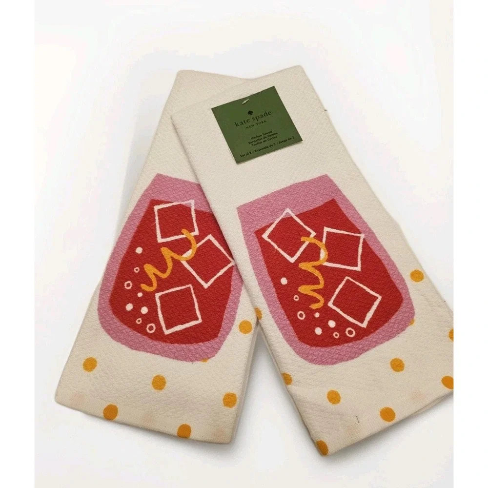 Kate Spade New York Kitchen Towels Set of 2 Red Cocktail Polka Dot 100% Cotton